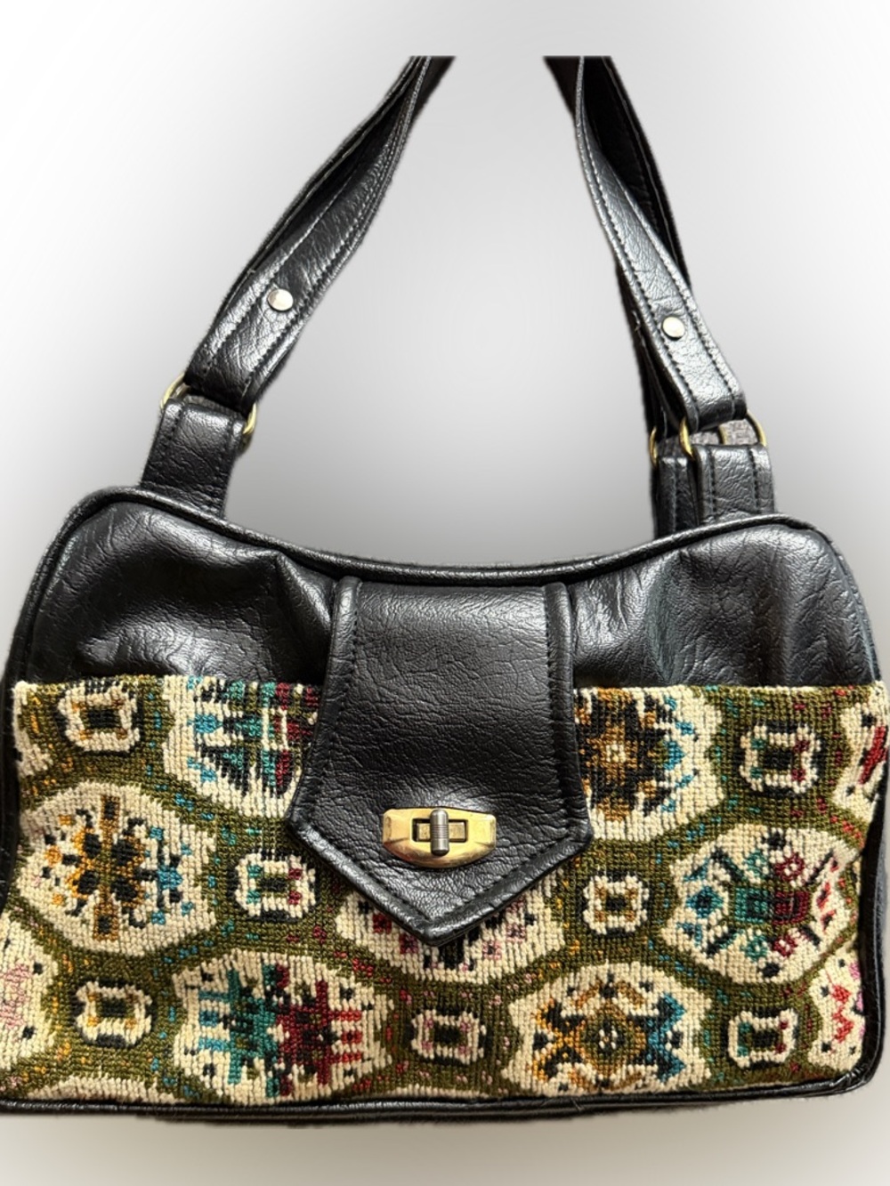 Vintage Black faux leather floral needlepoint Handbag Multicolor Tapestry 1960’s